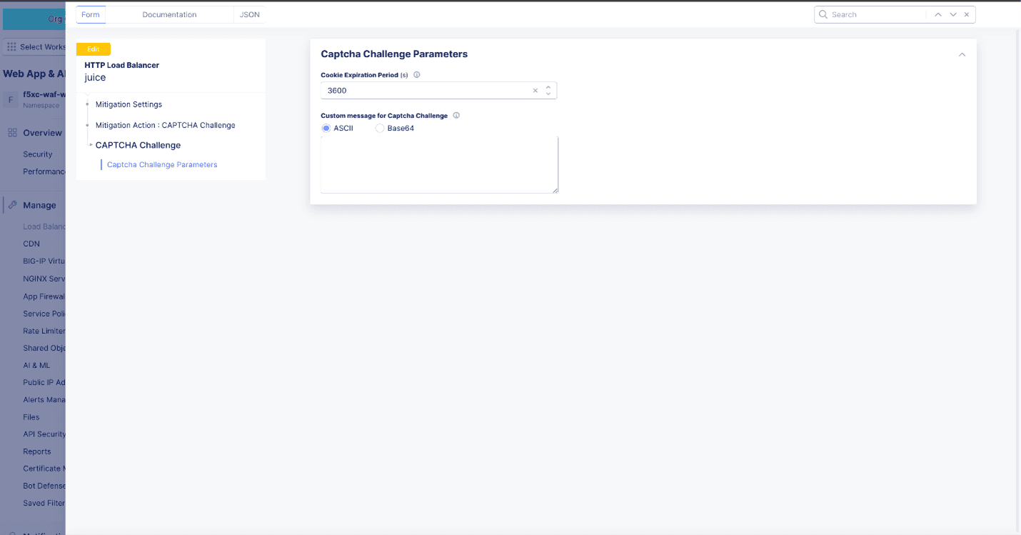 Figure: Configure Captcha Challenge Parameters